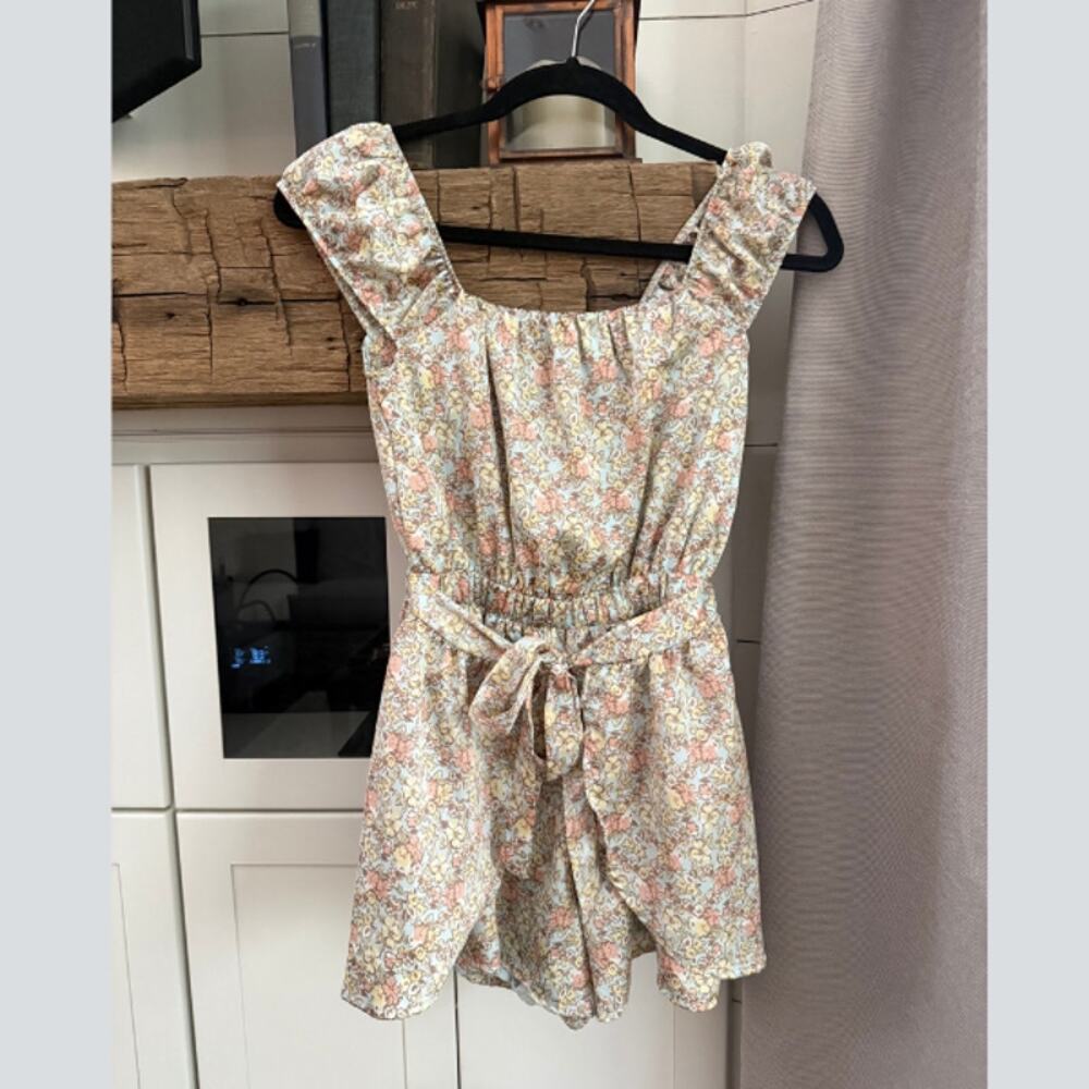 Altar'd State Floral Romper Size Small Pastel Cap Sleeve Tie Waist Cottagecore